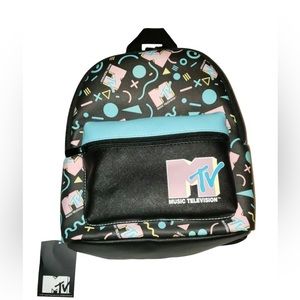 MTV Mini Backpack - Bioworld Faux Leather Black 11.5"  Purse New with tag Retro